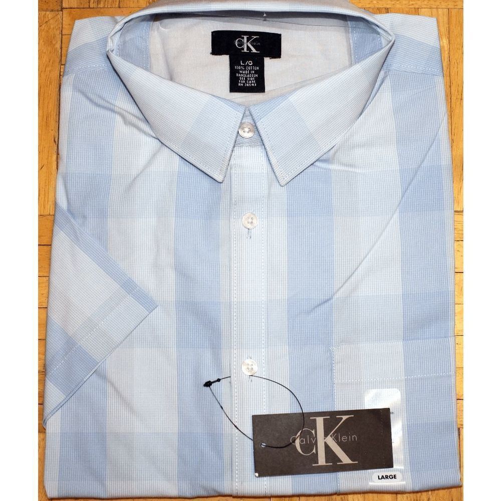 NWT Calvin Klein Lifestyle Short Sleeve Plaid Cotton Dress Shirt Blue Whi